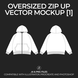 Oversized Zip-Up Hoodie Vector Mockup Streetwear and Fashion Tech Pack Illustrator Technical Drawing Template Design - Digital File