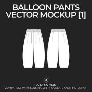 以下が含まれることがあります： バルーンパンツのベクターモックアップ。パンツは白で、シンプルなデザインです。モックアップは、Illustrator、Procreate、Photoshopと互換性があります。