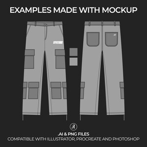 Puede incluir: Una maqueta de un pantal&oacute;n cargo gris con varios bolsillos. El pantal&oacute;n se muestra desde el frente y la espalda. El texto "AI & PNG FILES" y "COMPATIBLE WITH ILLUSTRATOR, PROCREATE AND PHOTOSHOP" est&aacute; en la parte inferior de la imagen.