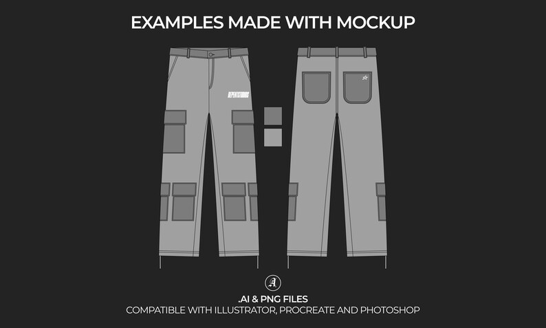 Puede incluir: Una maqueta de un pantal&oacute;n cargo gris con varios bolsillos. El pantal&oacute;n se muestra desde el frente y la espalda. El texto "AI & PNG FILES" y "COMPATIBLE WITH ILLUSTRATOR, PROCREATE AND PHOTOSHOP" est&aacute; en la parte inferior de la imagen.