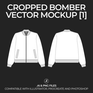 Puede incluir: Una maqueta de chaqueta bomber blanca recortada con cierre de cremallera y dos bolsillos. La chaqueta se muestra desde el frente y la espalda.