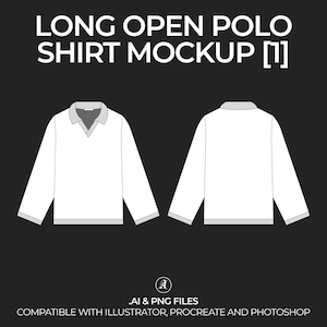 Peut inclure: Une maquette de polo blanc à manches longues avec un col en V. Le polo est présenté de face et de dos. Le texte "LONG OPEN POLO SHIRT MOCKUP [1]" est en haut de l'image. Le texte "AI & PNG FILES" est sous le polo. Le texte "COMPATIBLE WITH ILLUSTRATOR, PROCREATE AND PHOTOSHOP" est en bas de l'image.