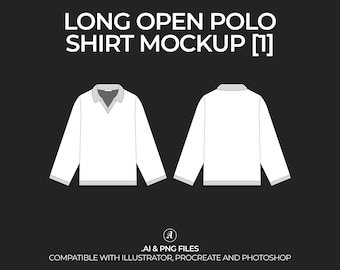 Long Sleeve Polo Shirt Vector Mockup Streetwear and Fashion Tech Pack Illustrator Technical Drawing Template Design - Digital File