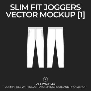 May include: A vector mockup of slim fit joggers. The joggers are white and have a drawstring waistband. The image is labelled "Slim Fit Joggers Vector Mockup [1]" and "AI & PNG Files Compatible with Illustrator, Procreate and Photoshop".