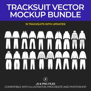 May include: A set of 10 vector tracksuits in white, designed for use in Illustrator, Procreate, and Photoshop. The tracksuits are shown in various poses, including standing, sitting, and running. The text "TRACKSUIT VECTOR MOCKUP BUNDLE" and "10 TRACKSUITS WITH UPDATES!" is displayed at the top of the image.