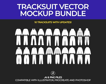 Puede incluir: Un conjunto de 10 maquetas de chándales vectoriales en blanco, diseñadas para su uso en Illustrator, Procreate y Photoshop. Los chándales se muestran en varias poses, incluyendo de pie, sentados y corriendo. El texto "TRACKSUIT VECTOR MOCKUP BUNDLE" y "10 TRACKSUITS WITH UPDATES!" se muestra en la parte superior de la imagen.