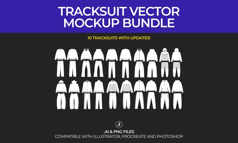 May include: A set of 10 vector tracksuits in white, designed for use in Illustrator, Procreate, and Photoshop. The tracksuits are shown in various poses, including standing, sitting, and running. The text "TRACKSUIT VECTOR MOCKUP BUNDLE" and "10 TRACKSUITS WITH UPDATES!" is displayed at the top of the image.