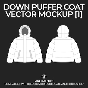 Peut inclure: Une maquette vectorielle de veste en duvet blanche avec une capuche. La veste est représentée de face et de dos. Le texte "DOWN PUFFER COAT VECTOR MOCKUP [1]" est en haut de l'image. Le texte "AI & PNG FILES" est en dessous de l'image. Le texte "COMPATIBLE WITH ILLUSTRATOR, PROCREATE AND PHOTOSHOP" est en bas de l'image.