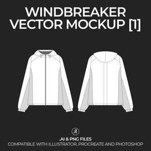 Könnte beinhalten: Ein weißer Windbreaker-Jacken-Mockup mit Reißverschluss und Kapuze. Die Jacke wird von vorne und hinten gezeigt. AI- und PNG-Dateien sind kompatibel mit Illustrator, Procreate und Photoshop.