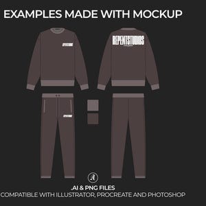 May include: A mockup of a dark gray sweatshirt and sweatpants with the text "REPENTSTUDIOS" printed on the back of the sweatshirt.
