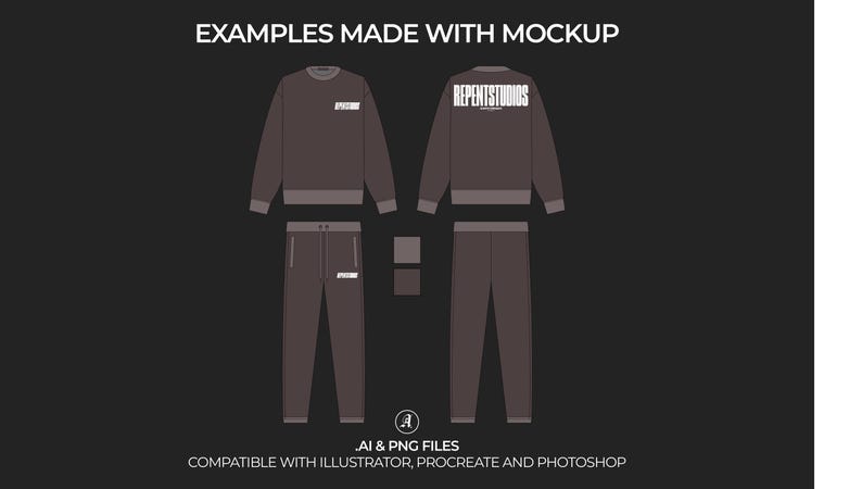 May include: A mockup of a dark gray sweatshirt and sweatpants with the text "REPENTSTUDIOS" printed on the back of the sweatshirt.