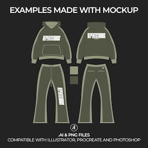 May include: A green hooded sweatshirt and matching sweatpants with the text "REPENTSTUDIOS" printed on the front. The clothing is designed with a white outline and a white stripe down the side of the legs.