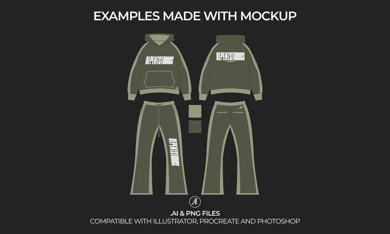 May include: A green hooded sweatshirt and matching sweatpants with the text "REPENTSTUDIOS" printed on the front. The clothing is designed with a white outline and a white stripe down the side of the legs.