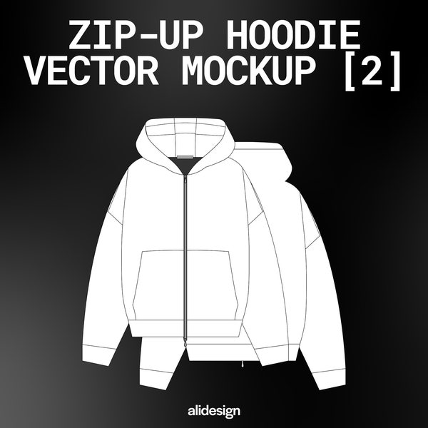 Streetwear Zip Up Hoodie Vector Mockup V2 Streetwear and Fashion Tech Pack Illustrator Technical Drawing Template Design - Digital File