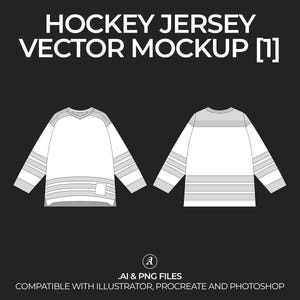May include: A vector mockup of a hockey jersey, shown from the front and back. The jersey is white with gray stripes.