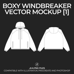 May include: A white hooded windbreaker jacket mockup, shown from the front and back. The jacket has a zip closure, two pockets, and a drawstring hood.