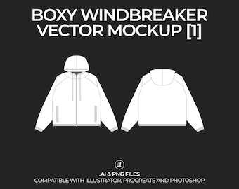 Boxy Windbreaker Jacke Vektor Mockup Streetwear and Fashion Tech Pack Illustrator Technische Zeichnung Template Design - Digitale Datei