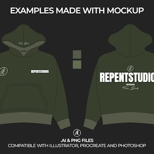 Puede incluir: Una maqueta de una sudadera con capucha verde con un logotipo blanco que dice "REPENTSTUDIOS" y un peque&ntilde;o c&iacute;rculo con un gr&aacute;fico en su interior. La sudadera tiene una capucha con cord&oacute;n y un bolsillo canguro.