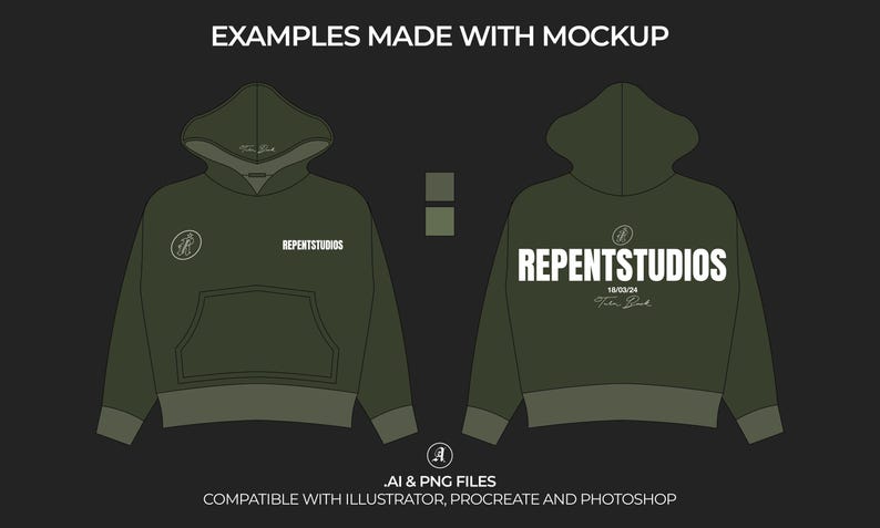 Puede incluir: Una maqueta de una sudadera con capucha verde con un logotipo blanco que dice "REPENTSTUDIOS" y un peque&ntilde;o c&iacute;rculo con un gr&aacute;fico en su interior. La sudadera tiene una capucha con cord&oacute;n y un bolsillo canguro.