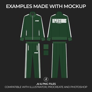 May include: A green tracksuit with white stripes and the text "REPENTSTUDIOS" on the jacket. The tracksuit is a mockup for a design template.