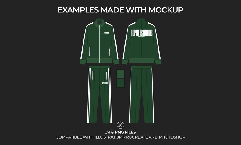 May include: A green tracksuit with white stripes and the text "REPENTSTUDIOS" on the jacket. The tracksuit is a mockup for a design template.
