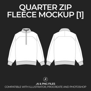 Könnte beinhalten: Ein weißer Viertelreißverschluss-Fleece-Mockup mit Reißverschluss und geripptem Kragen. Der Mockup wird von vorne und hinten gezeigt.