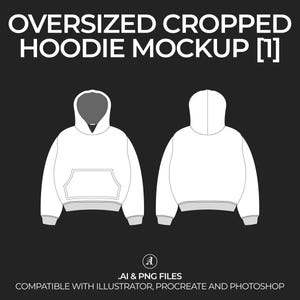 Oversized Cropped Hoodie Vector Mockup Streetwear and Fashion Tech Pack Illustrator Technical Drawing Template Design - Digital File
