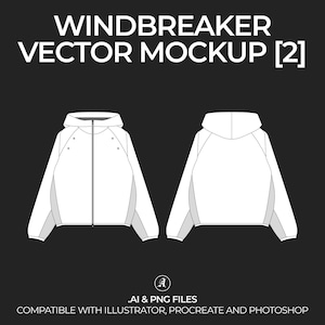 May include: A white hooded windbreaker jacket mockup with a zipper closure and a drawstring hood. The jacket is shown from the front and back. AI and PNG files are compatible with Illustrator, Procreate, and Photoshop.
