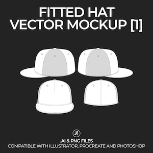 May include: A vector mockup of a fitted hat in four different views: front, back, side, and top. The hat is white with a gray brim.