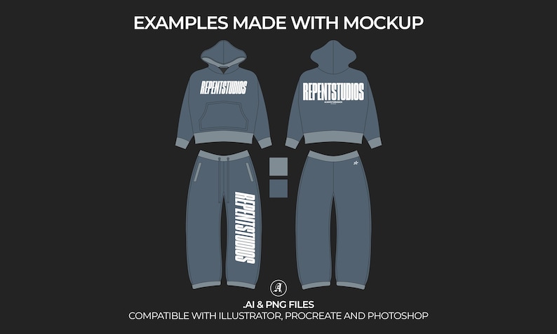 Puede incluir: Una maqueta de una sudadera con capucha azul y pantalones de ch&aacute;ndal a juego con el texto "REPENTSTUDIOS" impreso en la parte delantera y lateral de la prenda.