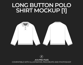 Long Sleeve Button Polo Shirt Vector Mockup Streetwear and Fashion Tech Pack Illustrator Technical Drawing Template Design - Digital File
