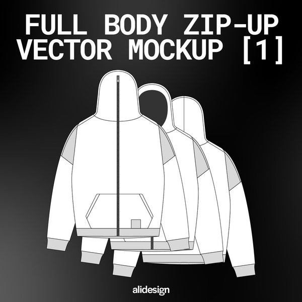 Full Body Zip Up Hoodie Vector Mockup Streetwear and Fashion Tech Pack Illustrator Technical Drawing Template Design - Digital File