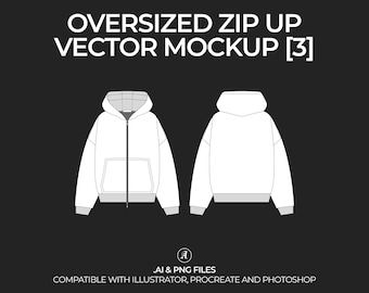 Oversized Zip-Up Hoodie v3 Vector Mockup Streetwear and Fashion Tech Pack Illustrator  Drawing Template Design - Digital File