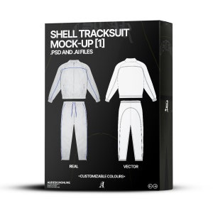 May include: A mockup of a tracksuit with a white background. The tracksuit is shown in both a realistic and vector format. The text "SHELL TRACKSUIT MOCK-UP [1] .PSD AND .AI FILES" is displayed at the top of the image. The text "REAL" is below the realistic image and the text "VECTOR" is below the vector image. The text "*CUSTOMIZABLE COLOURS*" is displayed below the two images. The text "ALIDESIGNONLINE" is displayed in the bottom left corner of the image. The text "A." is displayed in the bottom center of the image.