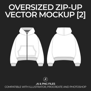 Cropped Oversized Zip-Up Hoodie v2 Vector Mockup Streetwear and Fashion Tech Pack Illustrator  Drawing Template Design - Digital File