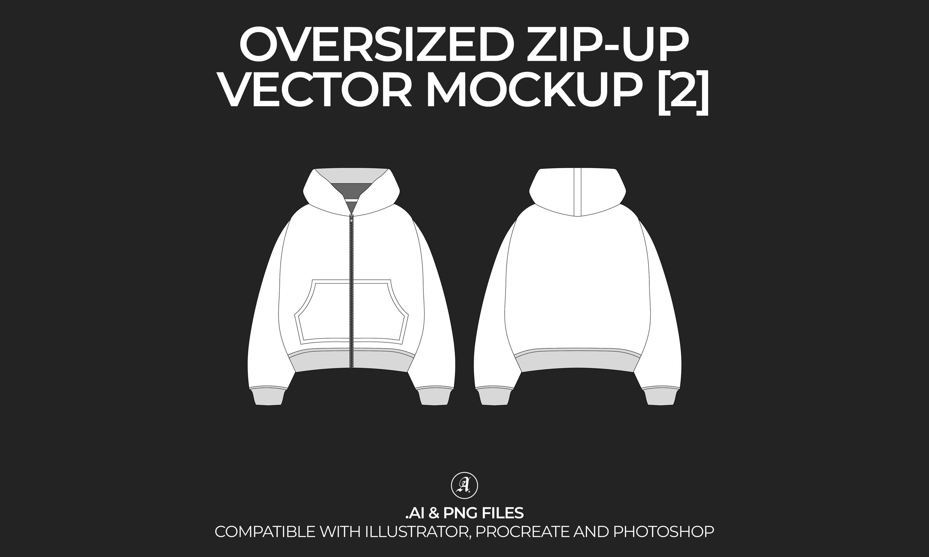 Cropped Oversized Zip-Up Hoodie v2 Vector Mockup Streetwear and Fashion Tech Pack Illustrator  Drawing Template Design - Digital File