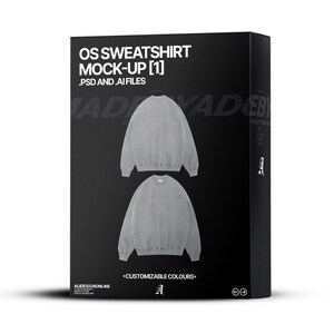 May include: A black box featuring a sweatshirt mock-up. The text on the box reads "OS SWEATSHIRT MOCK-UP [1] .PSD AND .AI FILES". Two gray sweatshirts are displayed. The text "CUSTOMIZABLE COLOURS" is also visible.