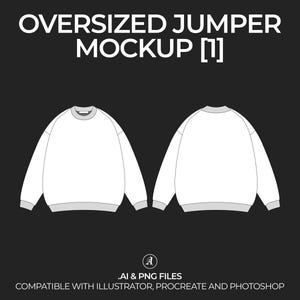 Op de afbeelding: Een witte oversized trui mockup, die de voor- en achterkant laat zien. De mockup is compatibel met Illustrator, Procreate en Photoshop.