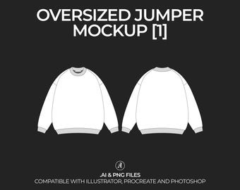Streetwear Oversized Crewneck Sweatshirt Jumper Vector Mockup and Fashion Tech Pack Illustrator Tech Drawing Template Design - Digital File