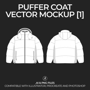 Könnte beinhalten: Vektor-Mockup eines weißen Puffer-Mantels mit Vorder- und Rückansicht. Das Design umfasst eine Kapuze, einen Reißverschluss und Taschen. Der Text oben lautet "PUFFER COAT VECTOR MOCKUP [1]" und unten die Kompatibilität mit Software.