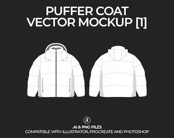 Hooded Puffer Coat Vector Mockup: Fashion Tech Pack (Digital File)