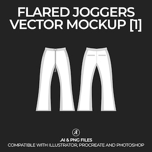 May include: A vector mockup of flared joggers, showing the front and back views of the pants. The pants are white with a gray seam down the side.
