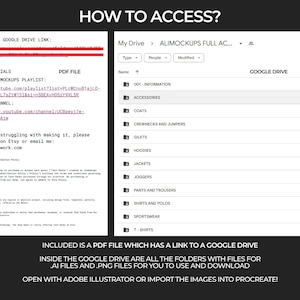 Puede incluir: Una captura de pantalla de una carpeta de Google Drive con el t&iacute;tulo "ALIMOCKUPS FULL ACCESS". La carpeta contiene subcarpetas para diferentes categor&iacute;as de ropa, como "abrigos", "chaquetas" y "ropa deportiva". El texto "INCLUDED IS A PDF FILE WHICH HAS A LINK TO A GOOGLE DRIVE INSIDE THE GOOGLE DRIVE ARE ALL THE FOLDERS WITH FILES FOR AI FILES AND .PNG FILES FOR YOU TO USE AND DOWNLOAD OPEN WITH ADOBE ILLUSTRATOR OR IMPORT THE IMAGES INTO PROCREATE!" se muestra debajo de la carpeta.