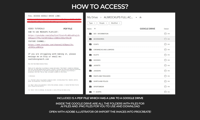Puede incluir: Una captura de pantalla de una carpeta de Google Drive con el t&iacute;tulo "ALIMOCKUPS FULL ACCESS". La carpeta contiene subcarpetas para diferentes categor&iacute;as de ropa, como "abrigos", "chaquetas" y "ropa deportiva". El texto "INCLUDED IS A PDF FILE WHICH HAS A LINK TO A GOOGLE DRIVE INSIDE THE GOOGLE DRIVE ARE ALL THE FOLDERS WITH FILES FOR AI FILES AND .PNG FILES FOR YOU TO USE AND DOWNLOAD OPEN WITH ADOBE ILLUSTRATOR OR IMPORT THE IMAGES INTO PROCREATE!" se muestra debajo de la carpeta.