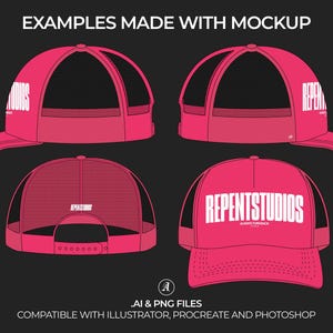 Puede incluir: Cuatro vistas de una gorra de camionero rosa con una malla negra en la parte posterior. La gorra tiene un logotipo blanco que dice "REPENTSTUDIOS" en la parte delantera. La gorra es compatible con Illustrator, Procreate y Photoshop.