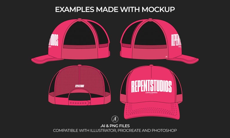 Puede incluir: Cuatro vistas de una gorra de camionero rosa con una malla negra en la parte posterior. La gorra tiene un logotipo blanco que dice "REPENTSTUDIOS" en la parte delantera. La gorra es compatible con Illustrator, Procreate y Photoshop.