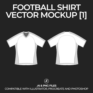 May include: A white football shirt mockup with a v-neck and gray trim. The shirt is shown from the front and back. The text "FOOTBALL SHIRT VECTOR MOCKUP [1]" is at the top of the image. The text "AI & PNG FILES" is at the bottom of the image. The text "COMPATIBLE WITH ILLUSTRATOR, PROCREATE AND PHOTOSHOP" is at the bottom of the image.