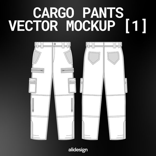 Streetwear Cargo Pants Trousers Vector Mockup Streetwear and Fashion Tech Pack Illustrator Technical Drawing Template Design - Digital File