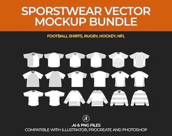 Puede incluir: Un conjunto de 20 maquetas vectoriales de camisetas deportivas en varios estilos, incluyendo fútbol, rugby y hockey. Las maquetas son en blanco y negro y son compatibles con Illustrator, Procreate y Photoshop.