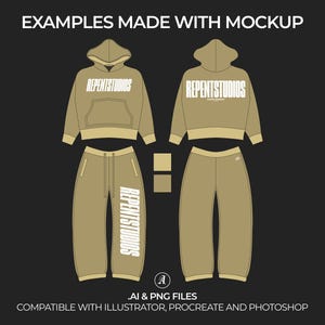 May include: A mockup of a beige hoodie and matching sweatpants with the text "REPENTSTUDIOS" printed on the front. The hoodie has a drawstring hood and a kangaroo pocket. The sweatpants have a drawstring waistband and side pockets.